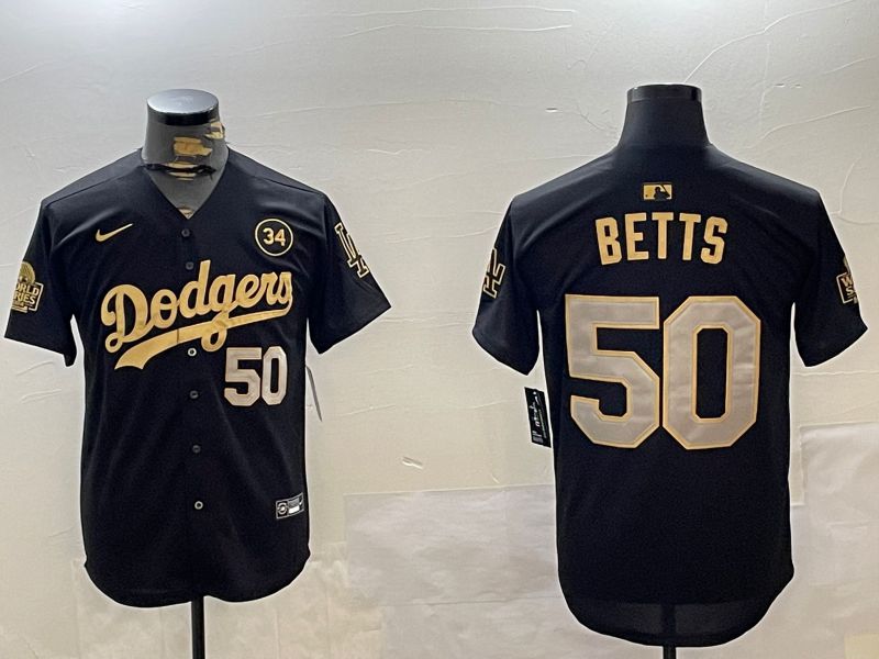 Men Los Angeles Dodgers #50 Betts Black Gold Fashion Nike 2024 MLB Jersey style 1